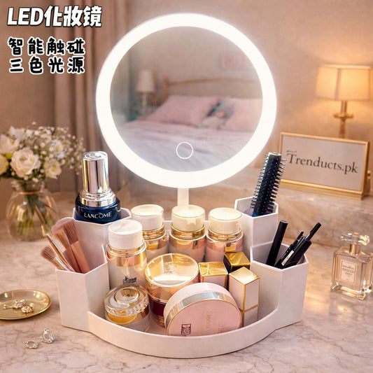 LED Vanity Mirror – 3-Tone Dimmable Touch Light & Organizer